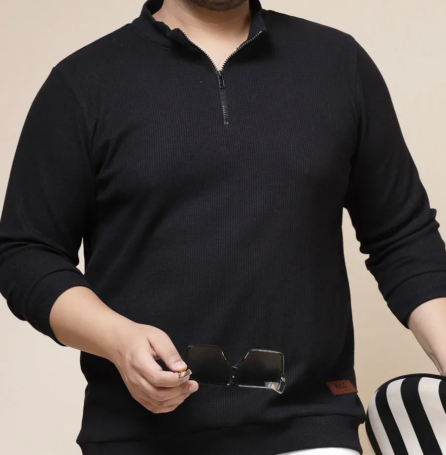 Waffle Henley Zip Jet Black Tee for Men