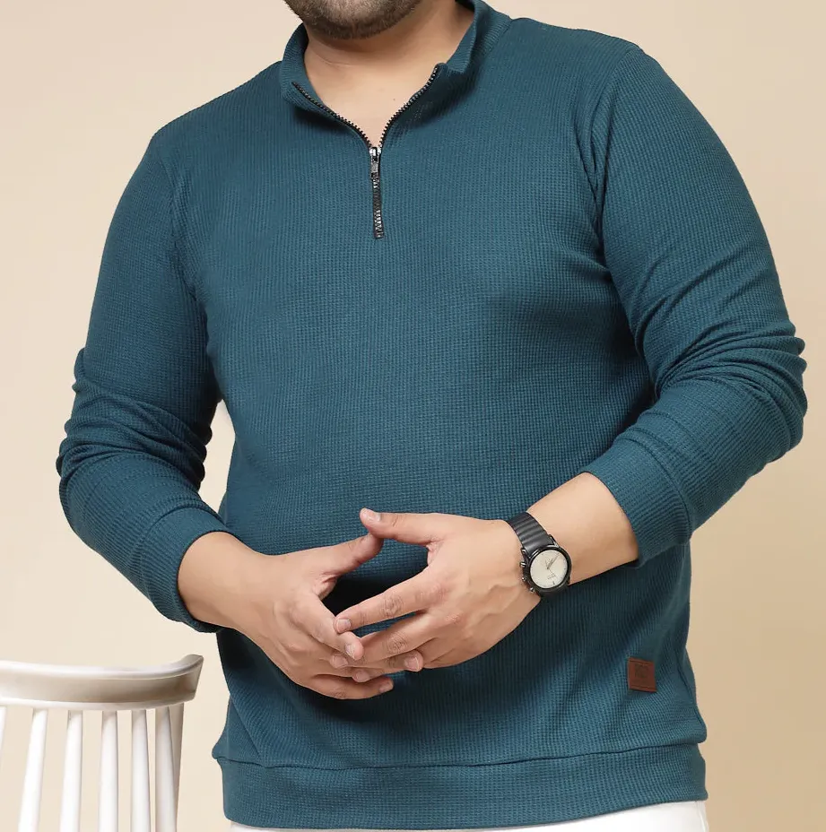 Waffle Henley Zip Teal Green Tee for Men