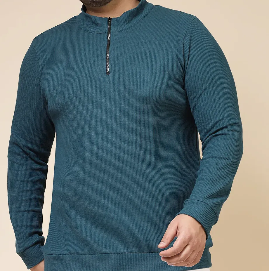 Waffle Henley Zip Teal Green Tee for Men