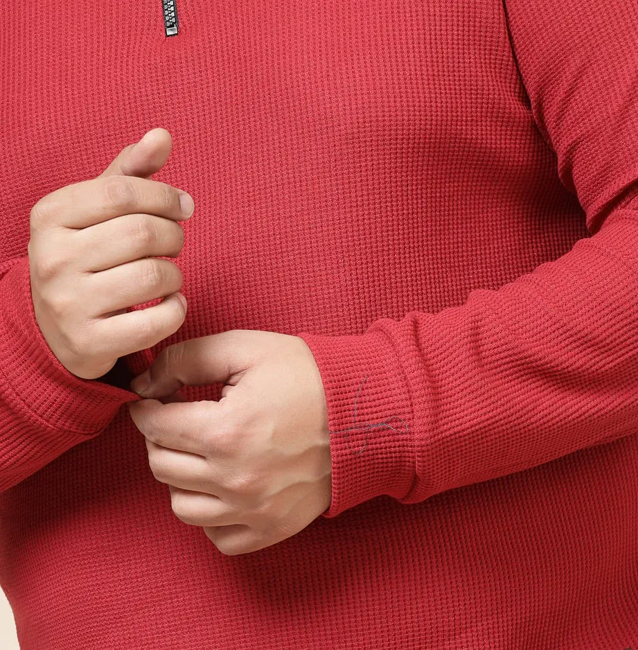 Waffle Henley Zip Wine Tee for Men