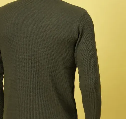 Waffle Knit Chinese Collar Olive GreenT-Shirt