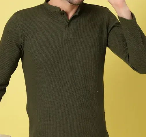 Waffle Knit Chinese Collar Olive GreenT-Shirt