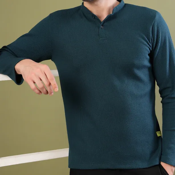 Waffle Knit Chinese Collar Teal Green T-Shirt
