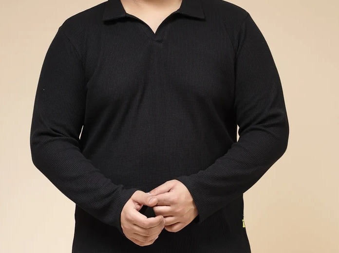 Waffle Knit Cuban Collar Jet Black T-Shirt