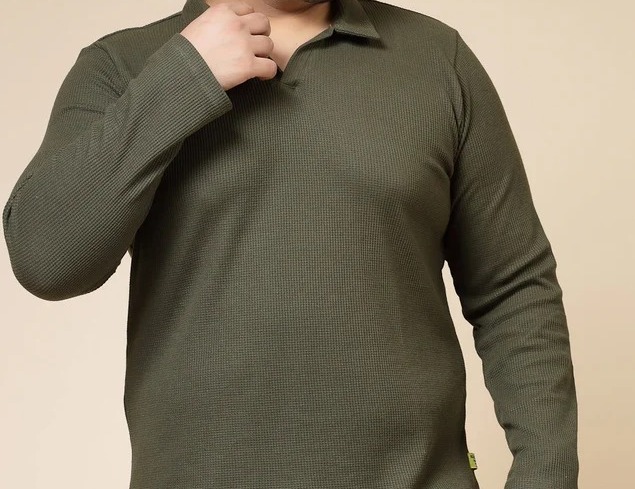 Waffle Knit Cuban Collar Olive Green T-Shirt