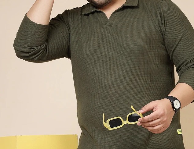 Waffle Knit Cuban Collar Olive Green T-Shirt