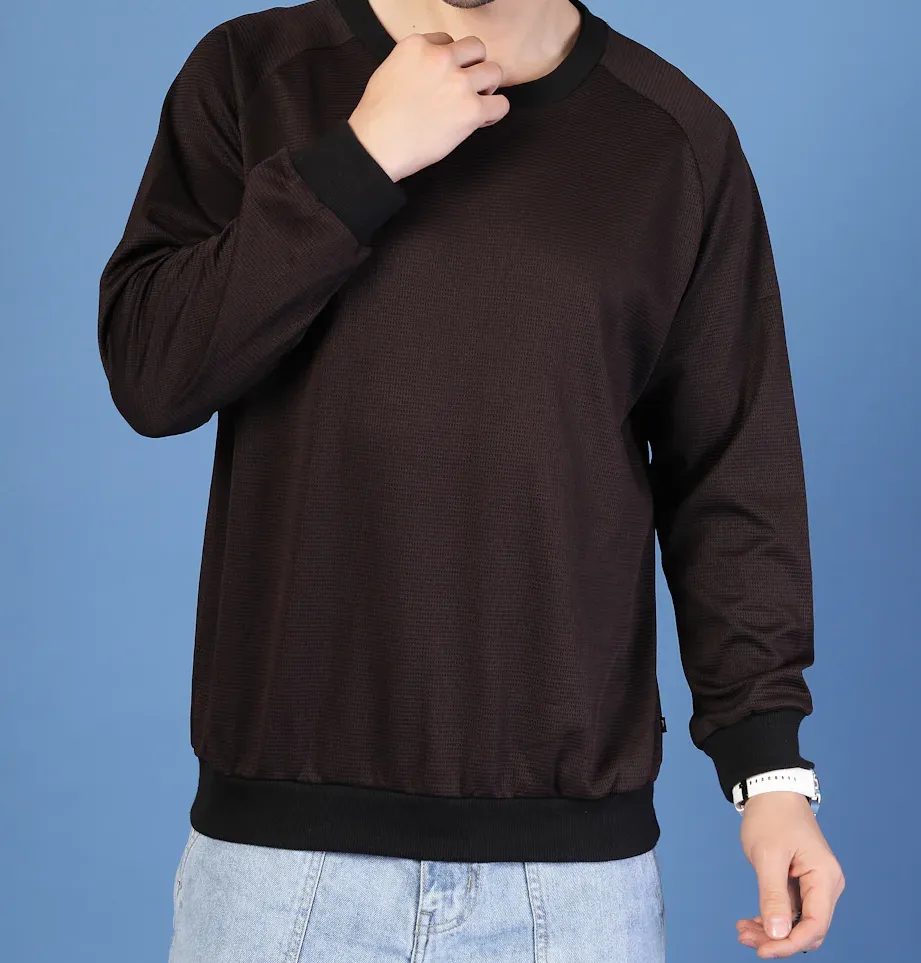 Waffle Knit Round Neck Dark Brown Sweatshirt