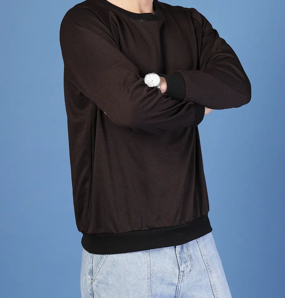 Waffle Knit Round Neck Dark Brown Sweatshirt