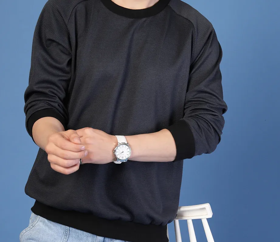 Waffle Knit Round Neck Dark Grey Sweatshirt