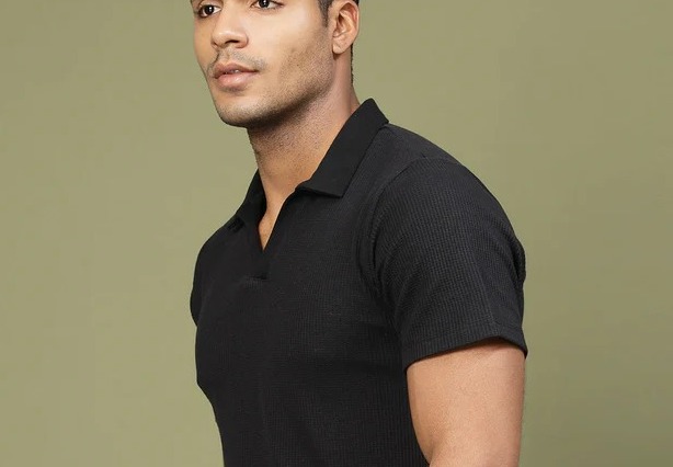 Waffle Weave Solid Polo Jet Black T-shirt