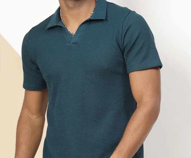 Waffle Weave Solid Polo Teal Green T-shirt